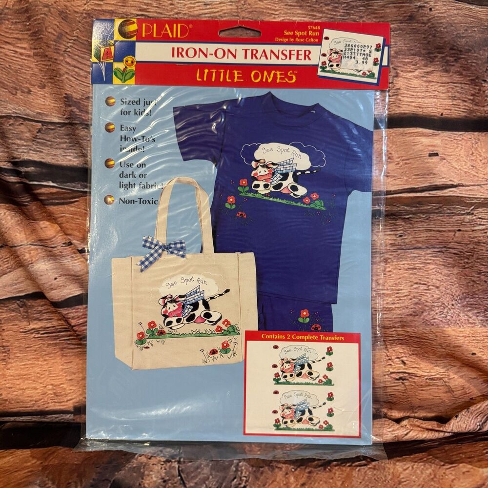 Vintage 1994 Plaid Little Ones See Spot Run Iron-On Transfer 57648 Cow Puppy NIP